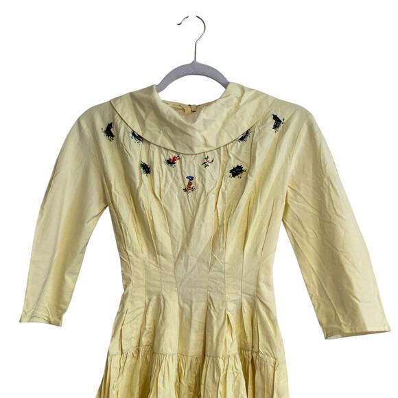 Vintage 40s 50s Butter Yellow Long Sleeve Drop Waist Embroidered Dress Sz XS - Picture 5 of 16